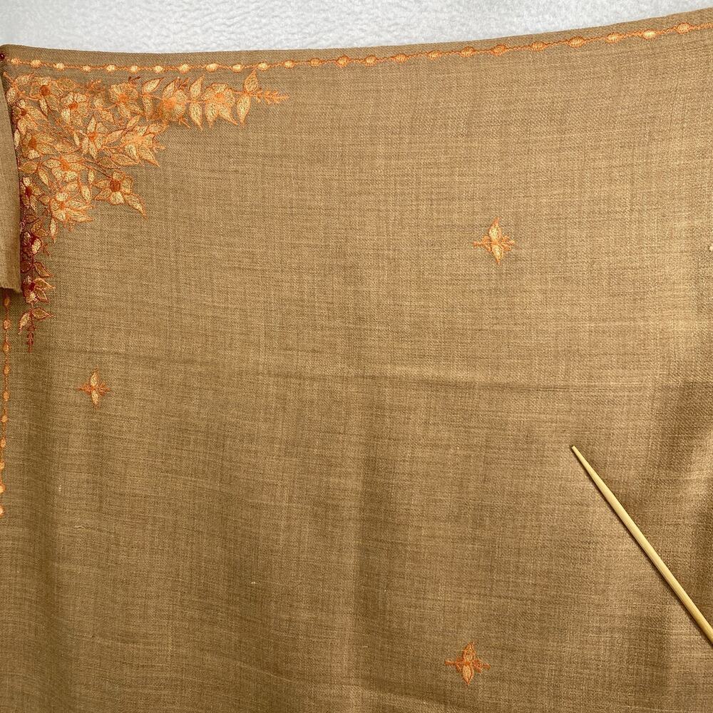 Wool Scarf Shawl Kashmiri Wrap Embroidered Floral Oversized Fringe Camel Brown - Picture 8 of 11